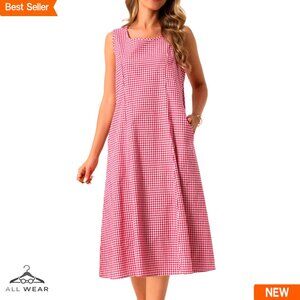 Plaid Sleeveless Midi Dress Loose Fit A-Line Casual Summer with Pockets